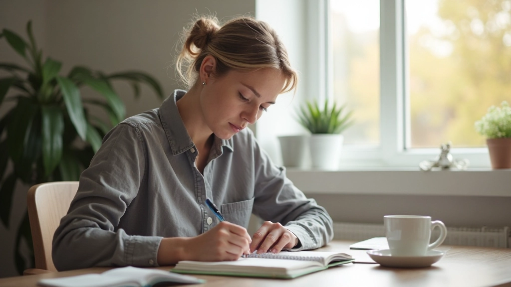 Osoba tvorí dennú rutinu s plánovacím zápisníkom a zdravými zvykmi